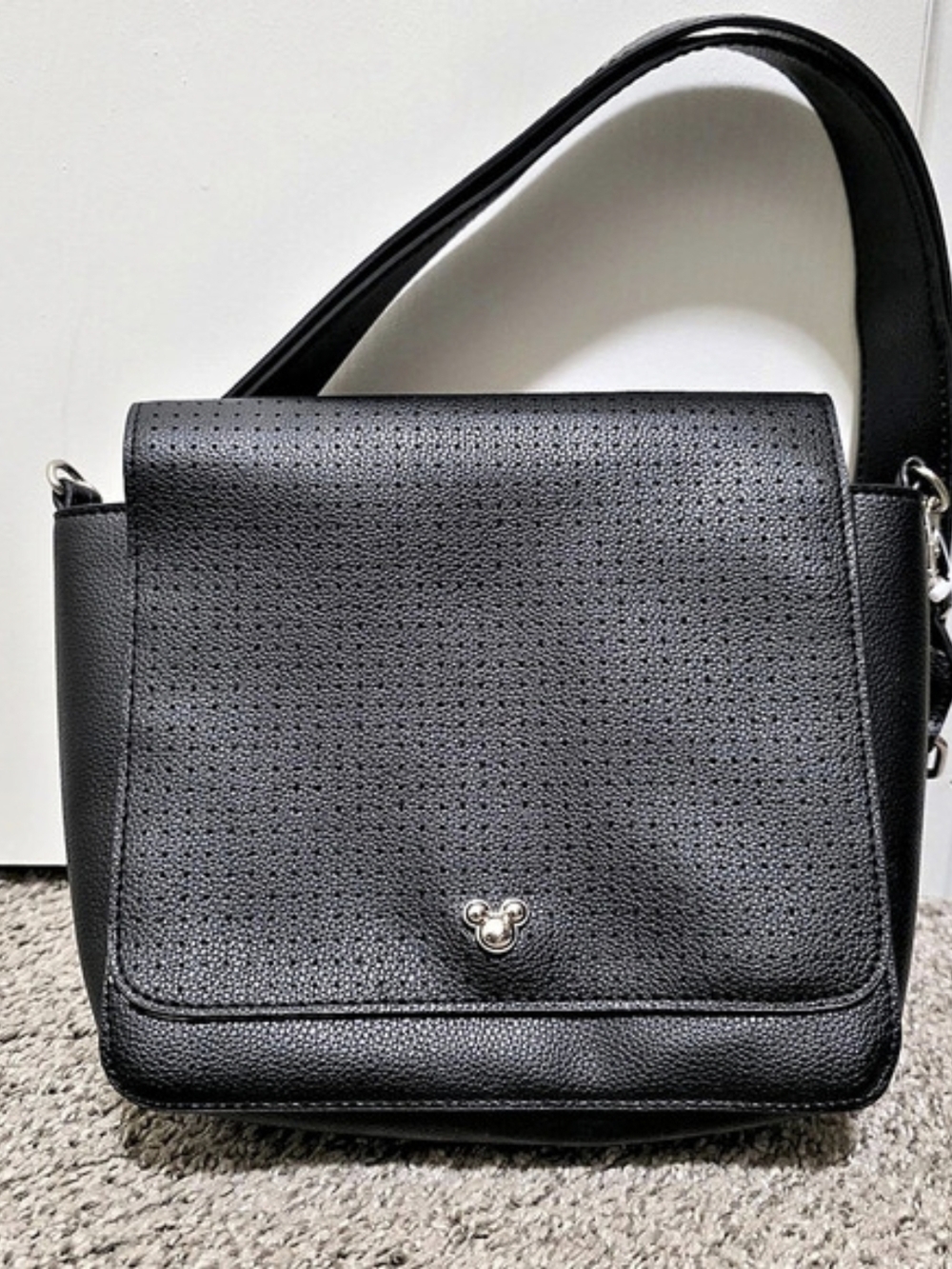 Disney Store Mickey Mouse Icon Square Flair Pin Crossbody Bag Black Perforated